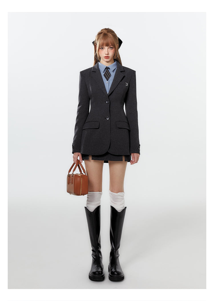 Shaped Longline Jacket And V-Waist Mini Slit Skirt