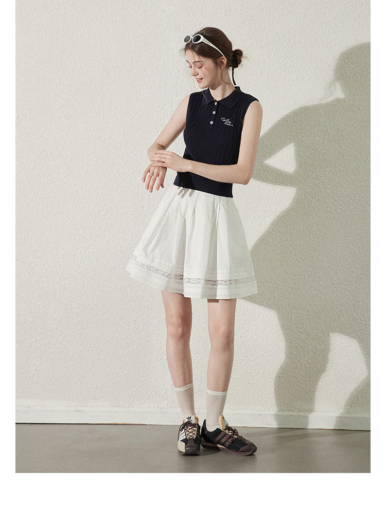 Pleated Cotton Flare Skirt With Lace Detail