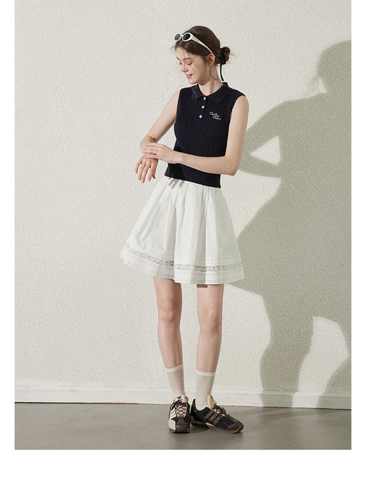Pleated Cotton Flare Skirt With Lace Detail