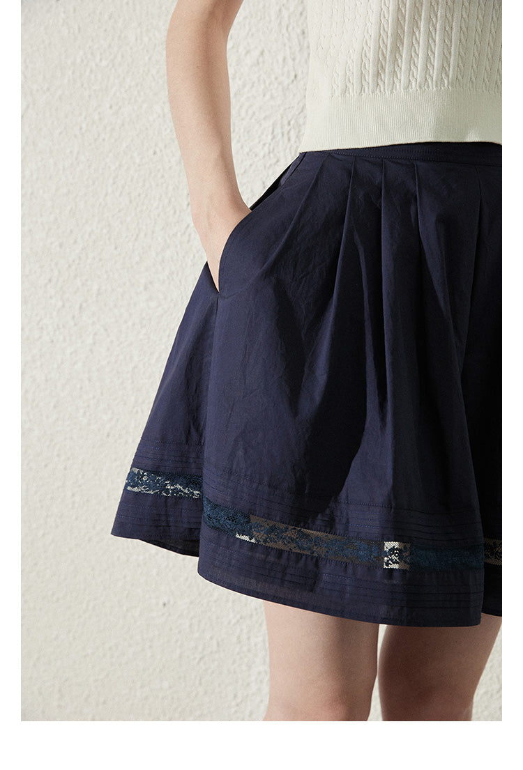 Pleated Cotton Flare Skirt With Lace Detail