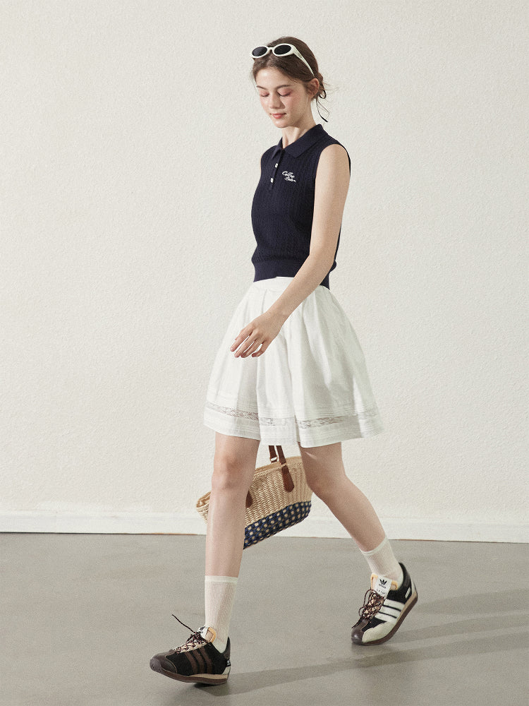 Pleated Cotton Flare Skirt With Lace Detail