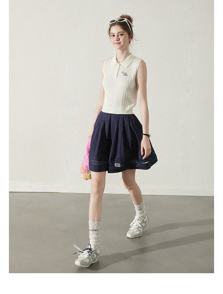 Pleated Cotton Flare Skirt With Lace Detail