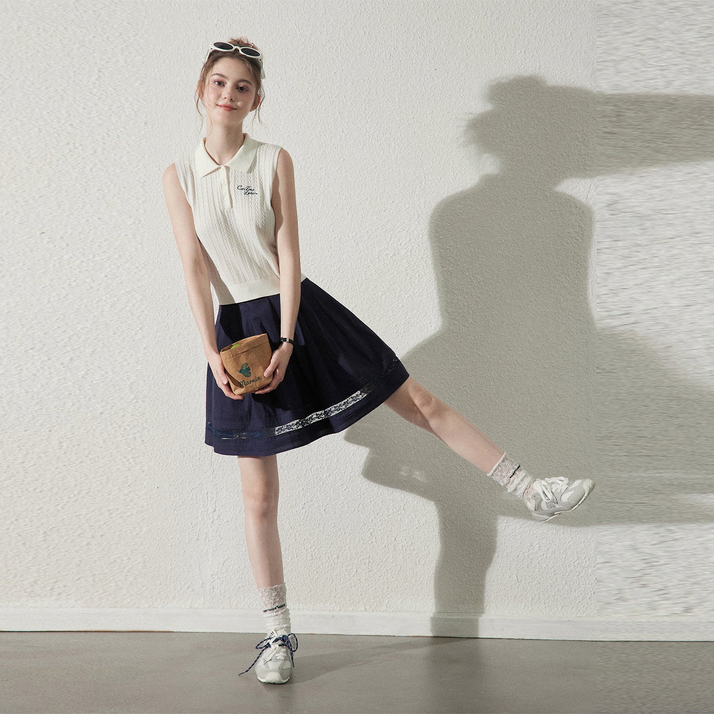 Pleated Cotton Flare Skirt With Lace Detail