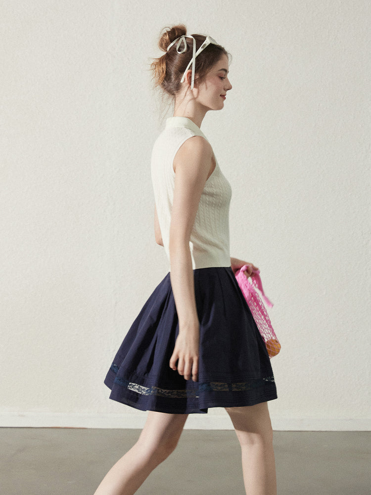 Pleated Cotton Flare Skirt With Lace Detail