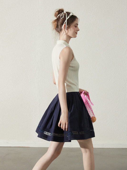 Pleated Cotton Flare Skirt With Lace Detail