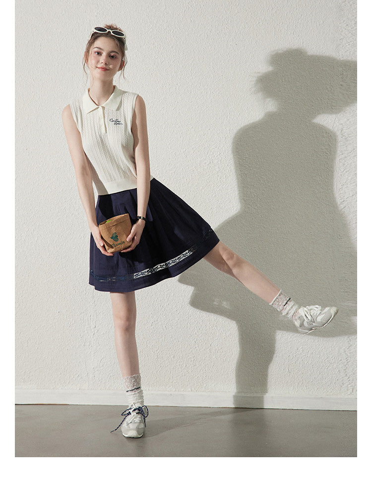 Pleated Cotton Flare Skirt With Lace Detail