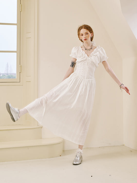 Embroidered Puff-Sleeve Dress In Short And Long Lengths