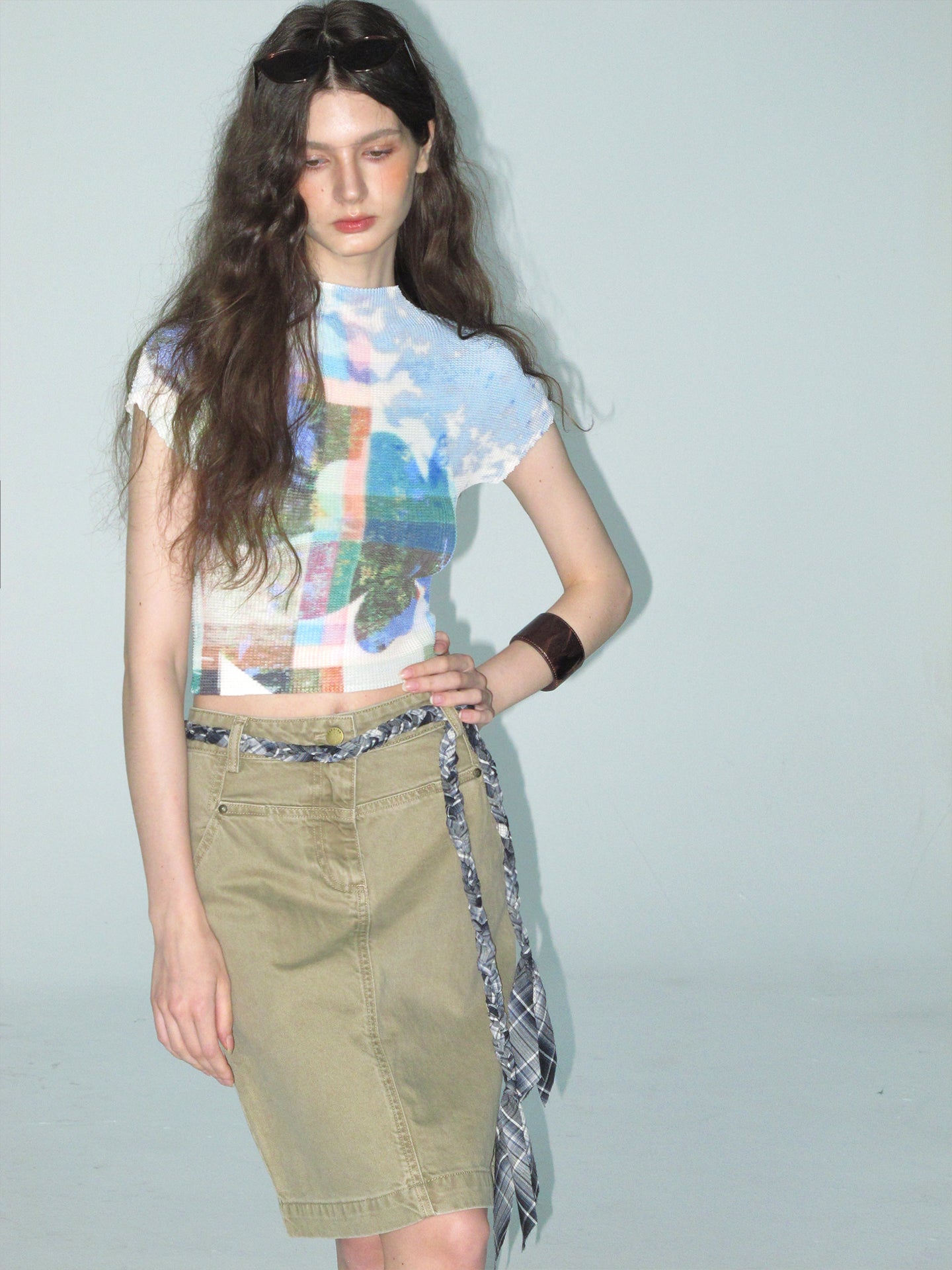 Graphic Print Pleated Crop T-Shirt