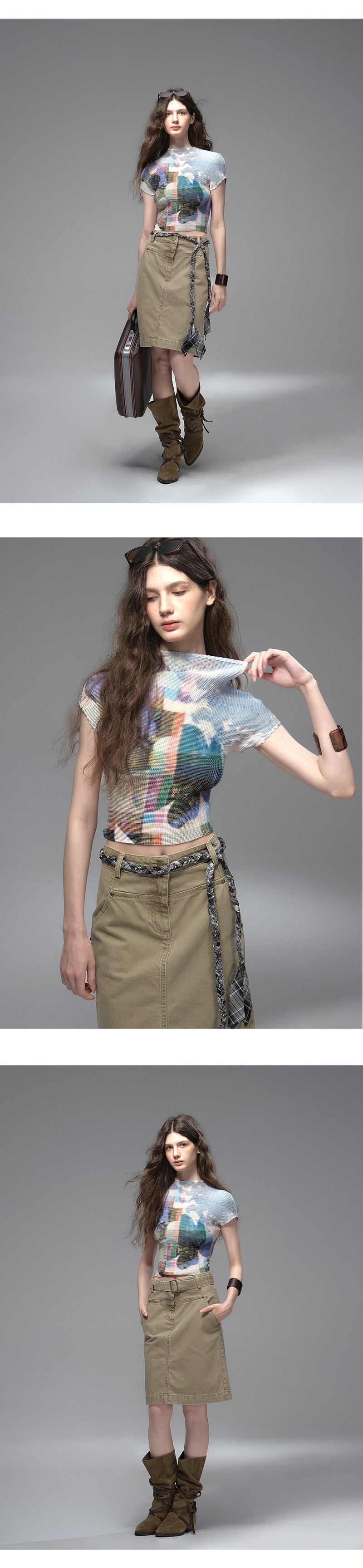 Graphic Print Pleated Crop T-Shirt