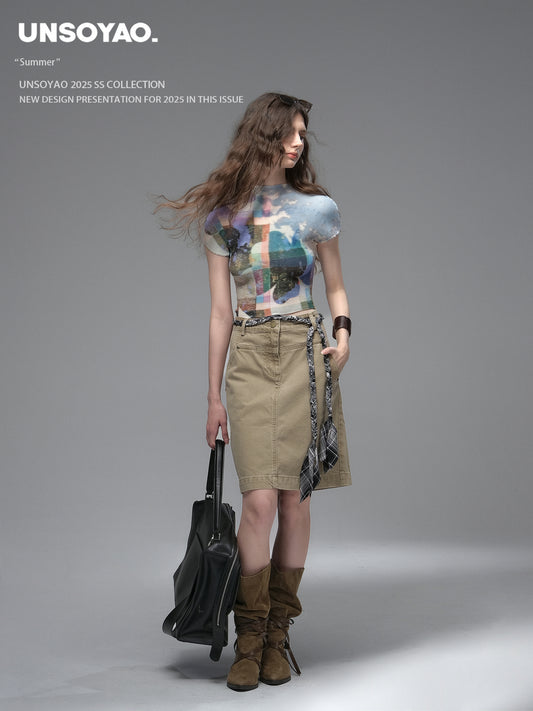 Graphic Print Pleated Crop T-Shirt