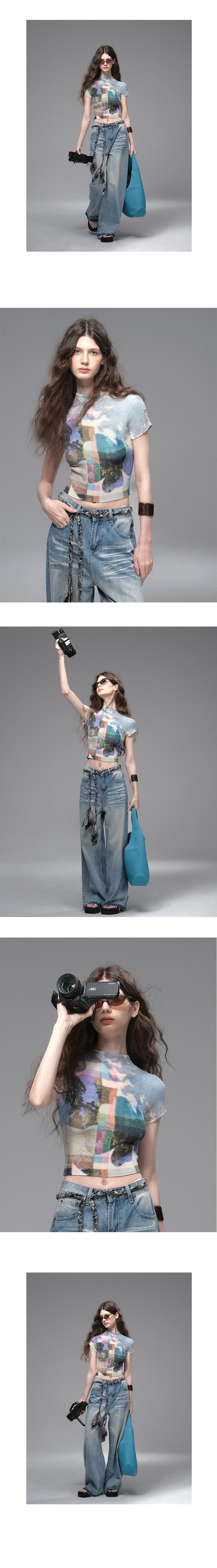 Graphic Print Pleated Crop T-Shirt