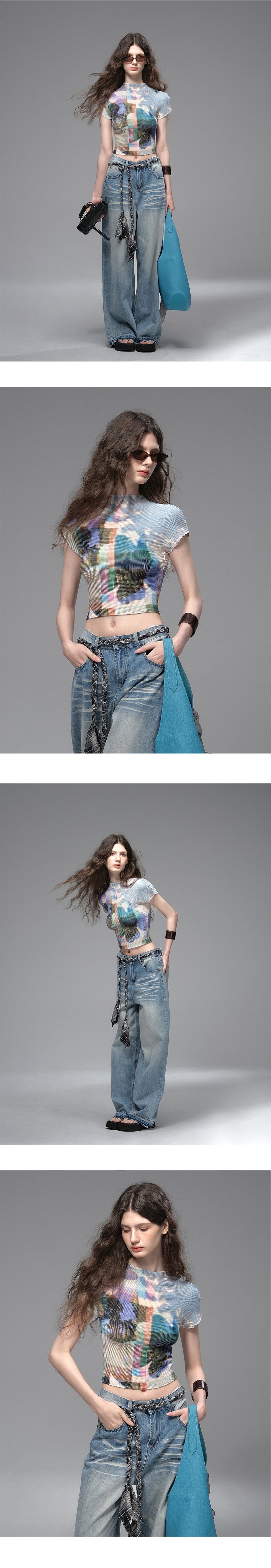 Graphic Print Pleated Crop T-Shirt
