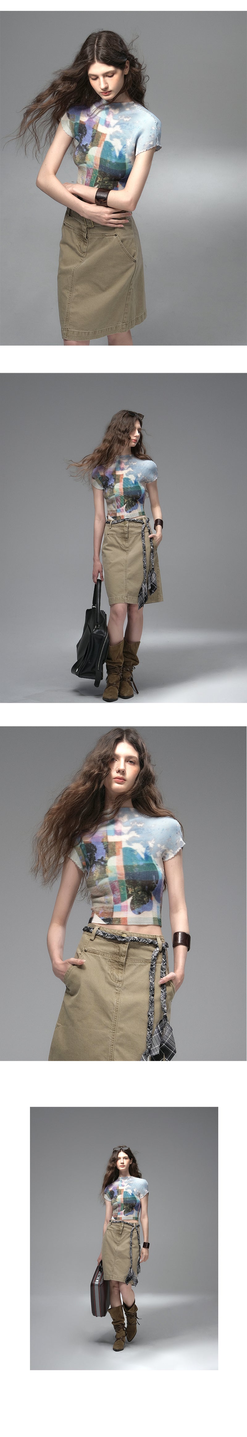 Graphic Print Pleated Crop T-Shirt