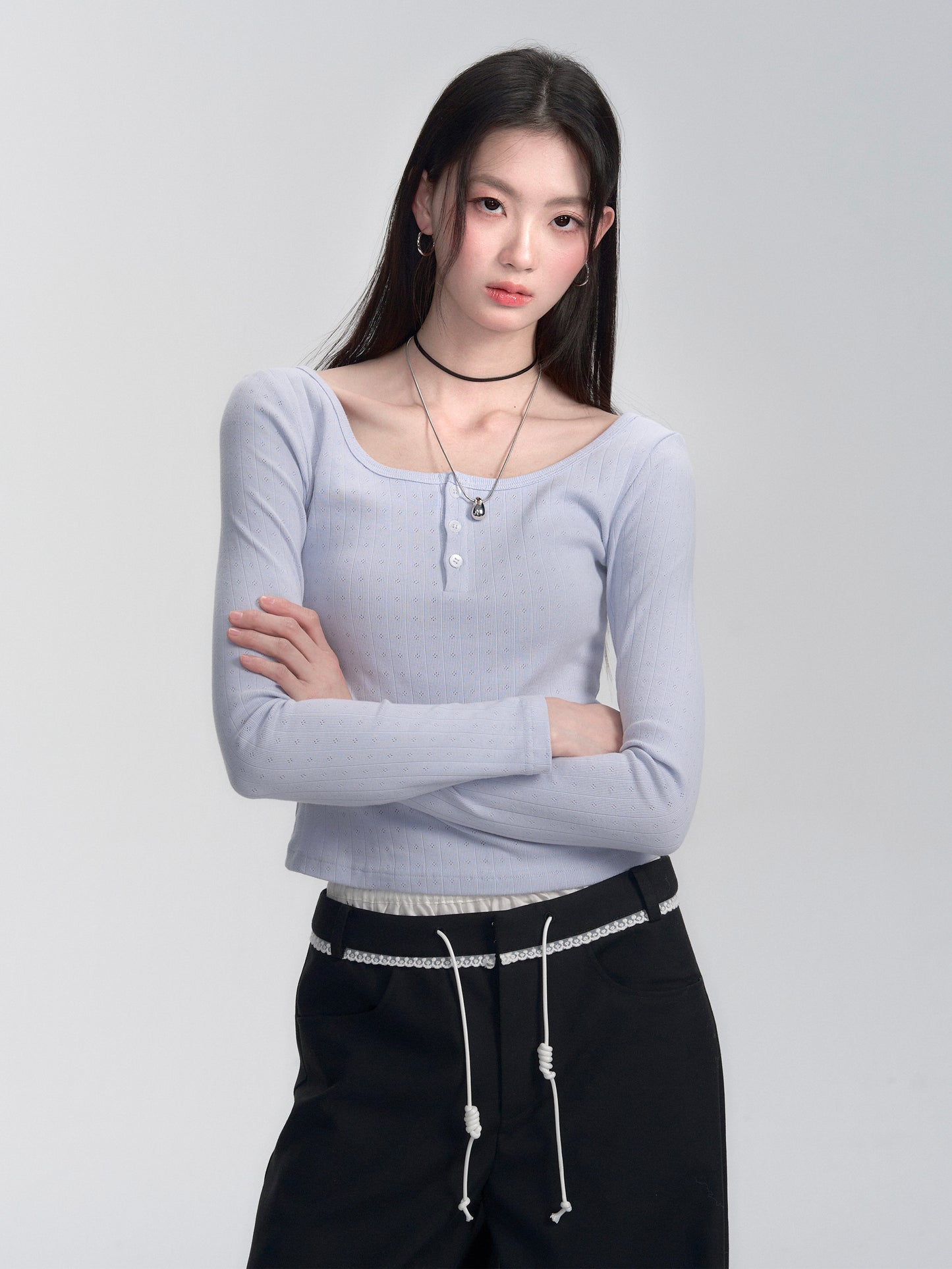 Pure Cotton Pointelle Henley Neck T-Shirt