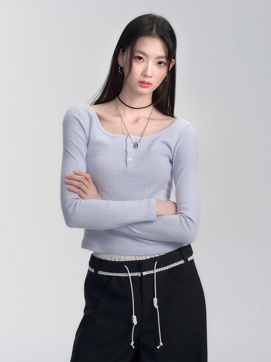 Pure Cotton Pointelle Henley Neck T-Shirt