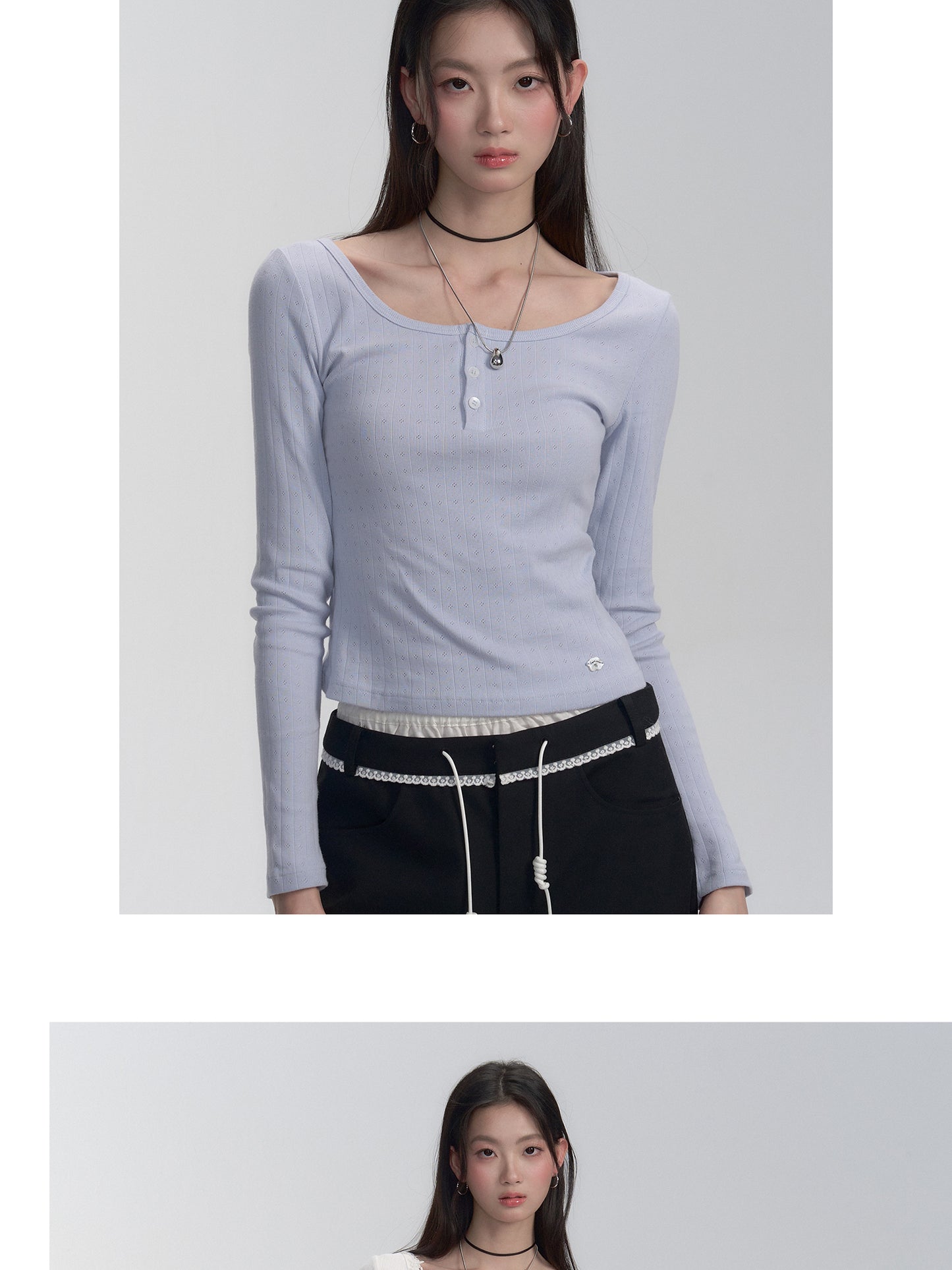 Pure Cotton Pointelle Henley Neck T-Shirt