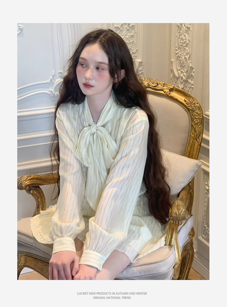 Tie Neck Striped Blouse & Tiered Skirt