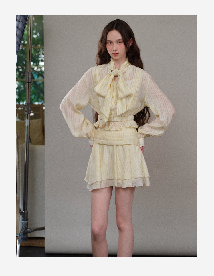 Tie Neck Striped Blouse & Tiered Skirt