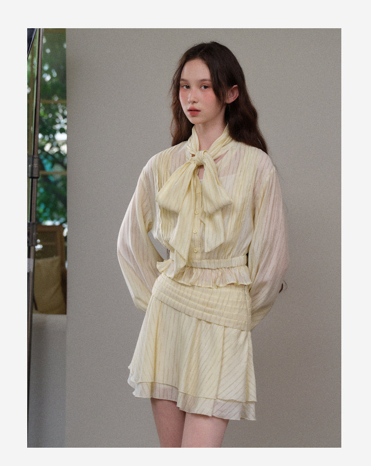 Tie Neck Striped Blouse & Tiered Skirt