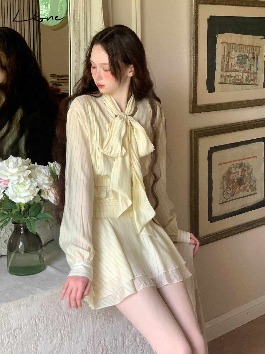 Tie Neck Striped Blouse & Tiered Skirt
