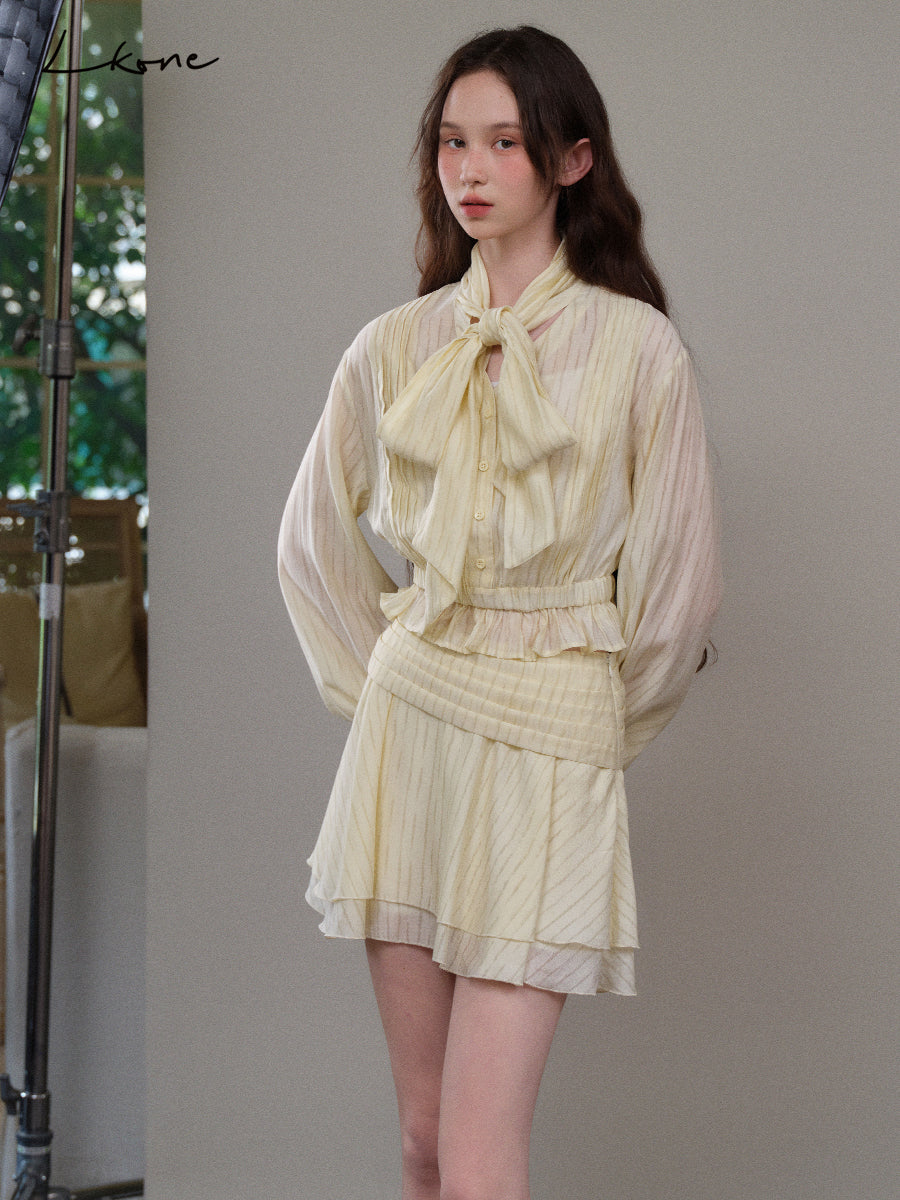 Tie Neck Striped Blouse & Tiered Skirt