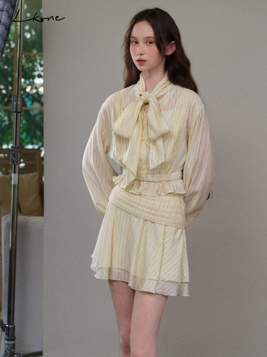 Tie Neck Striped Blouse & Tiered Skirt