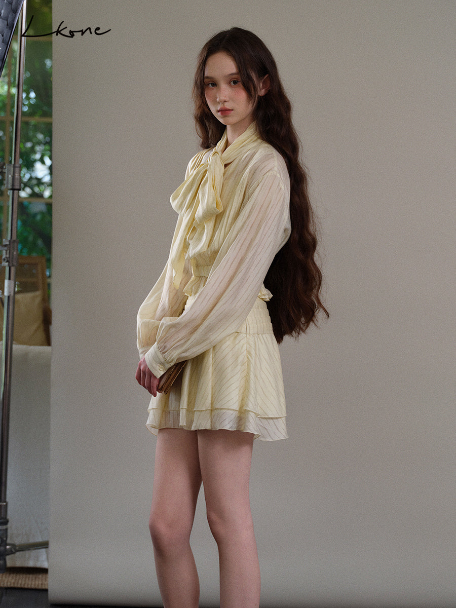 Tie Neck Striped Blouse & Tiered Skirt