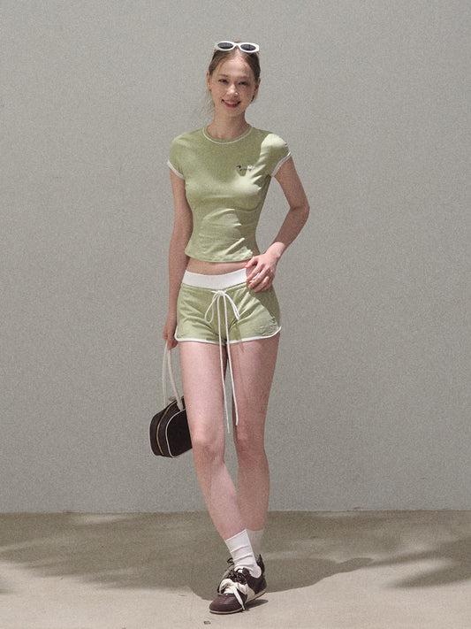 Tipped Sporty Tee And Shorts With Embroidery