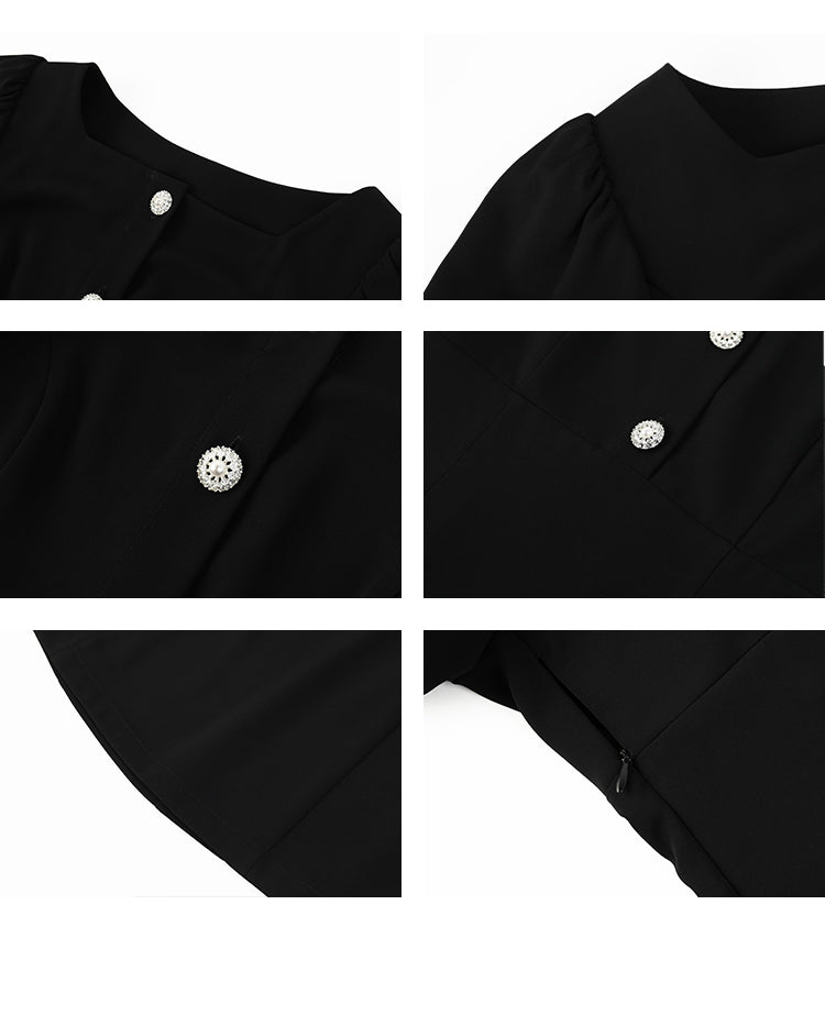 Bijou Button Bubble-Sleeve Fitted Dress