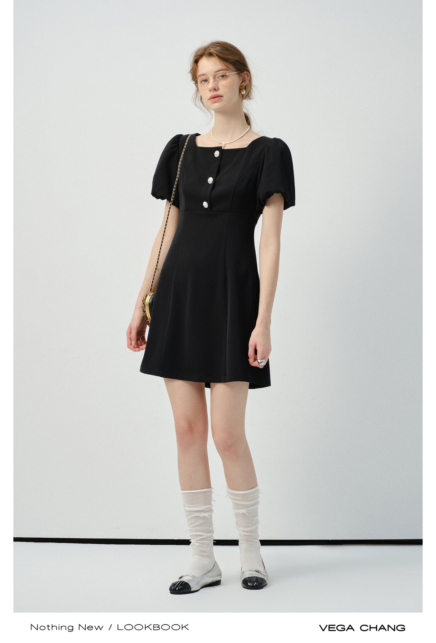 Bijou Button Bubble-Sleeve Fitted Dress