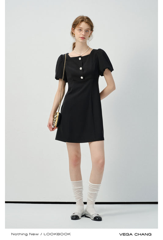 Bijou Button Bubble-Sleeve Fitted Dress