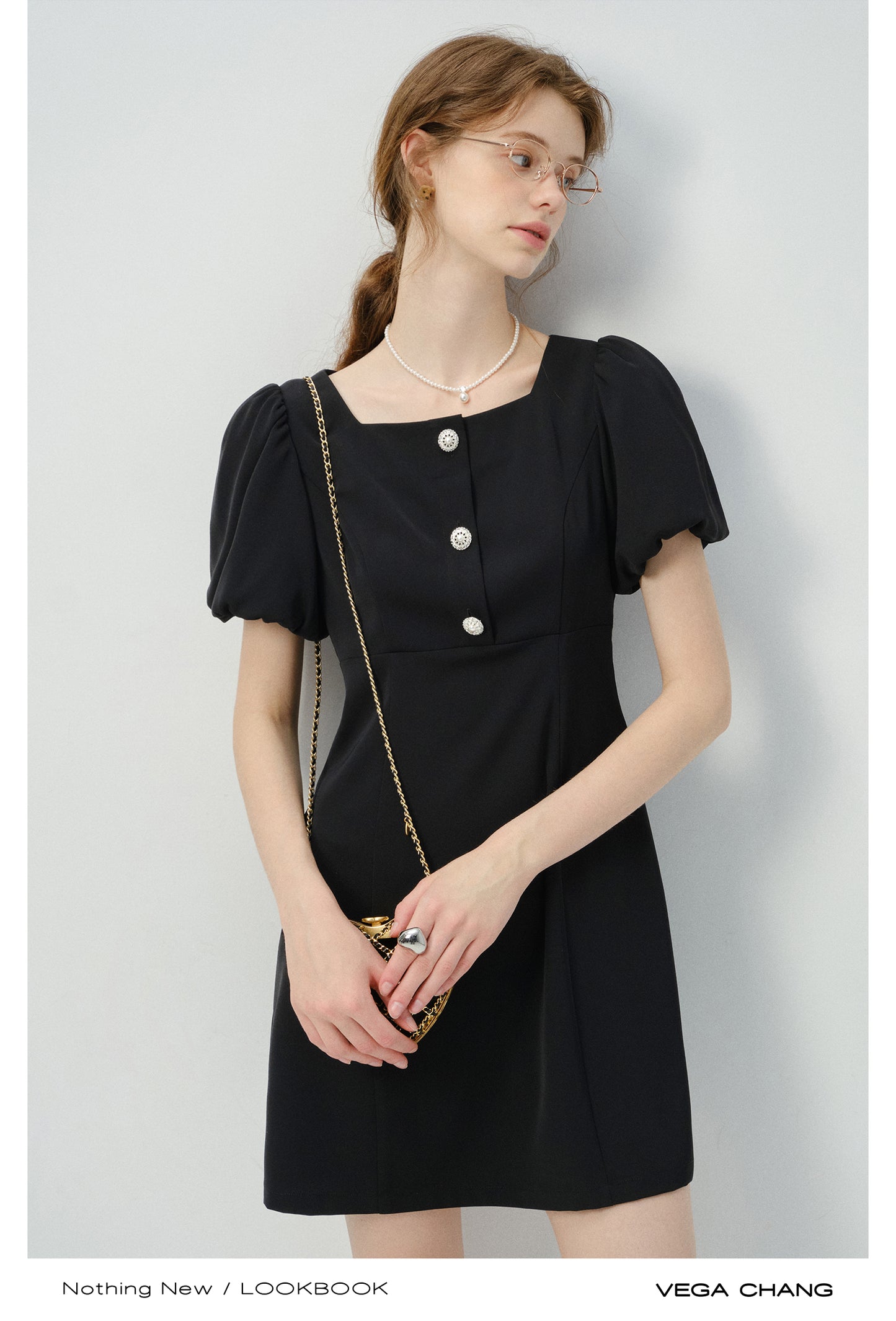 Bijou Button Bubble-Sleeve Fitted Dress