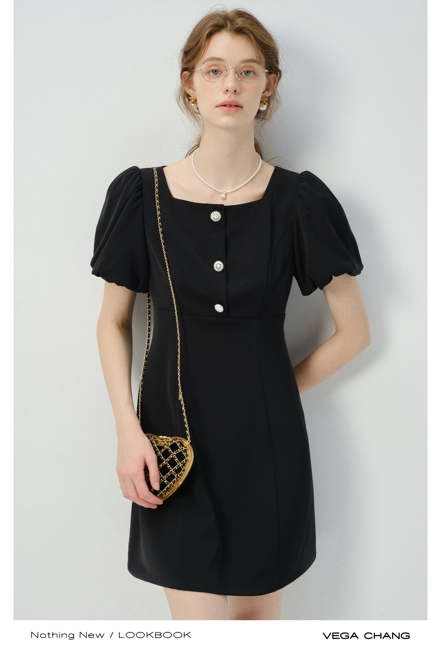Bijou Button Bubble-Sleeve Fitted Dress