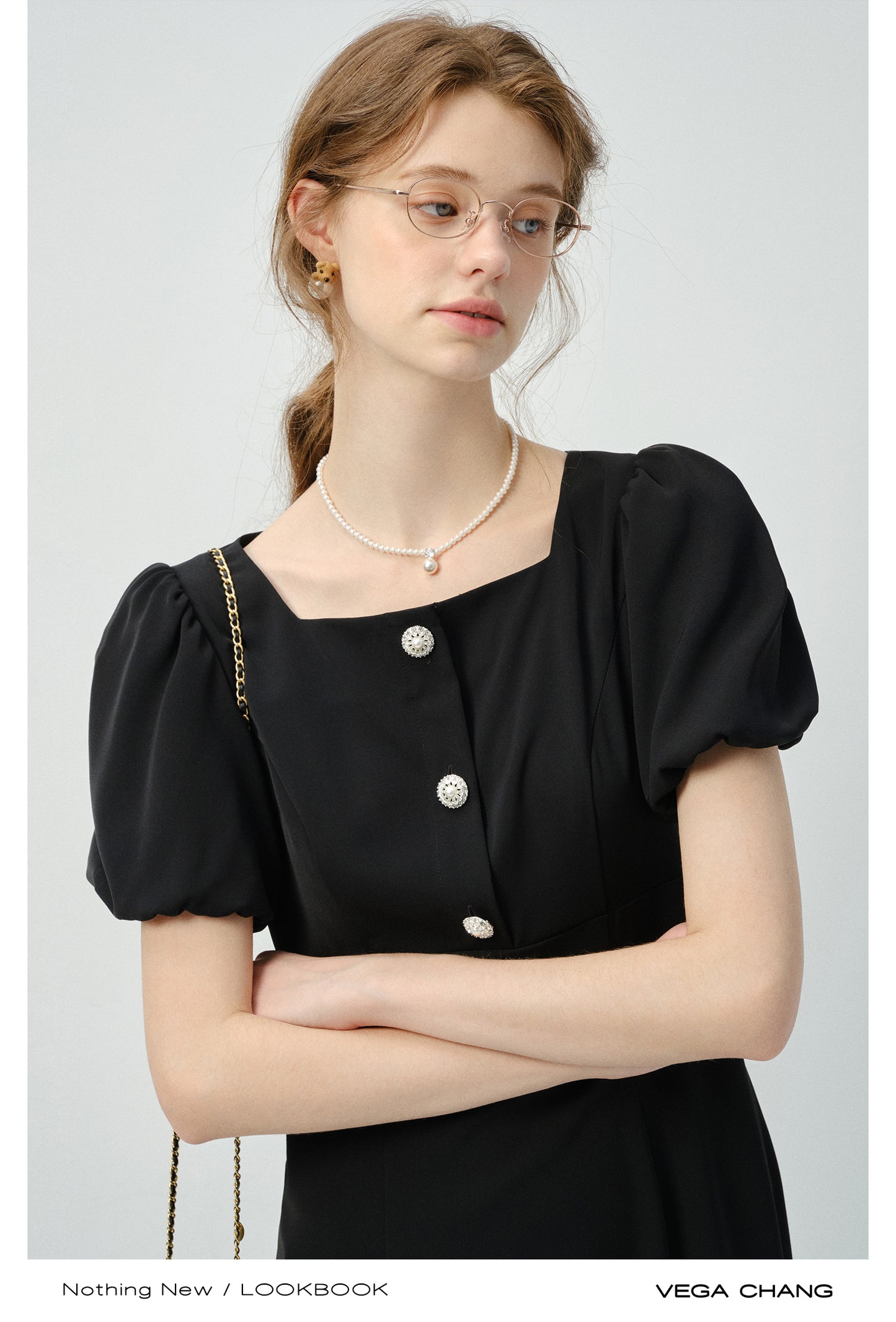 Bijou Button Bubble-Sleeve Fitted Dress