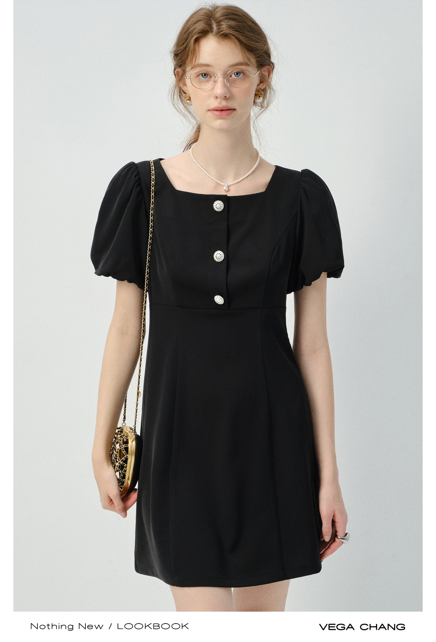Bijou Button Bubble-Sleeve Fitted Dress