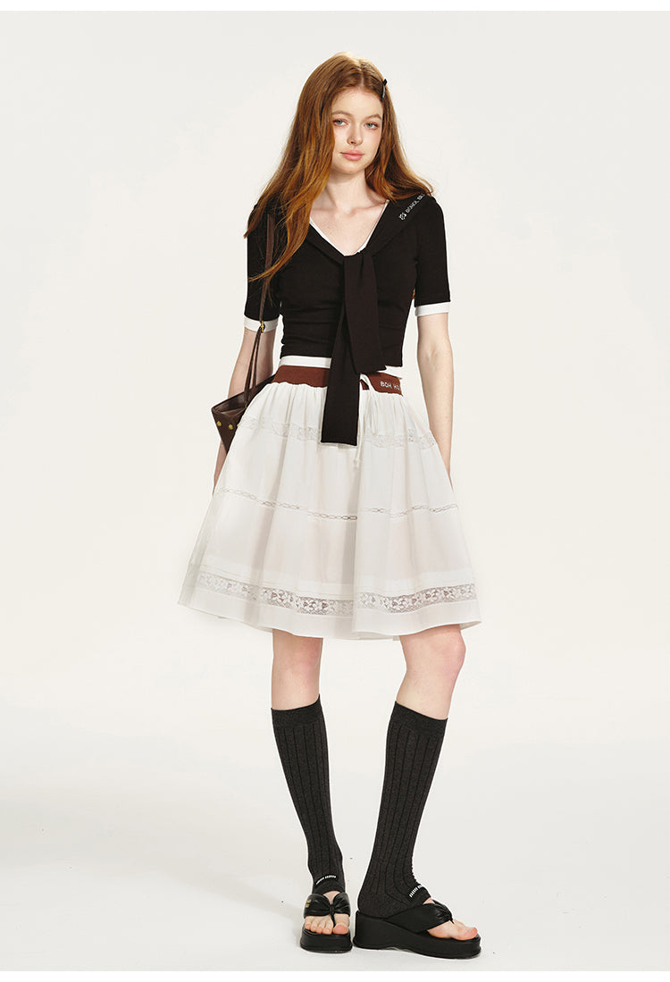Lace-Panel Draped Skirt With Contrast Waistband