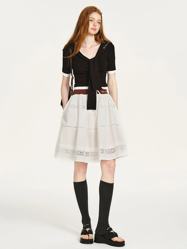 Lace-Panel Draped Skirt With Contrast Waistband