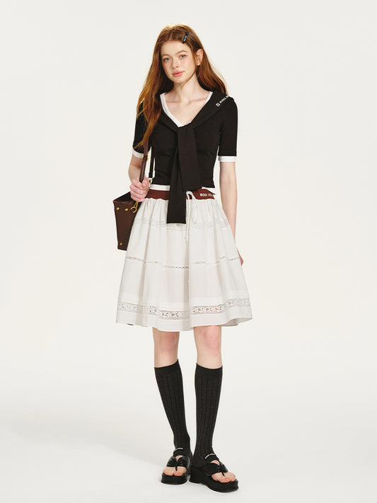 Lace-Panel Draped Skirt With Contrast Waistband
