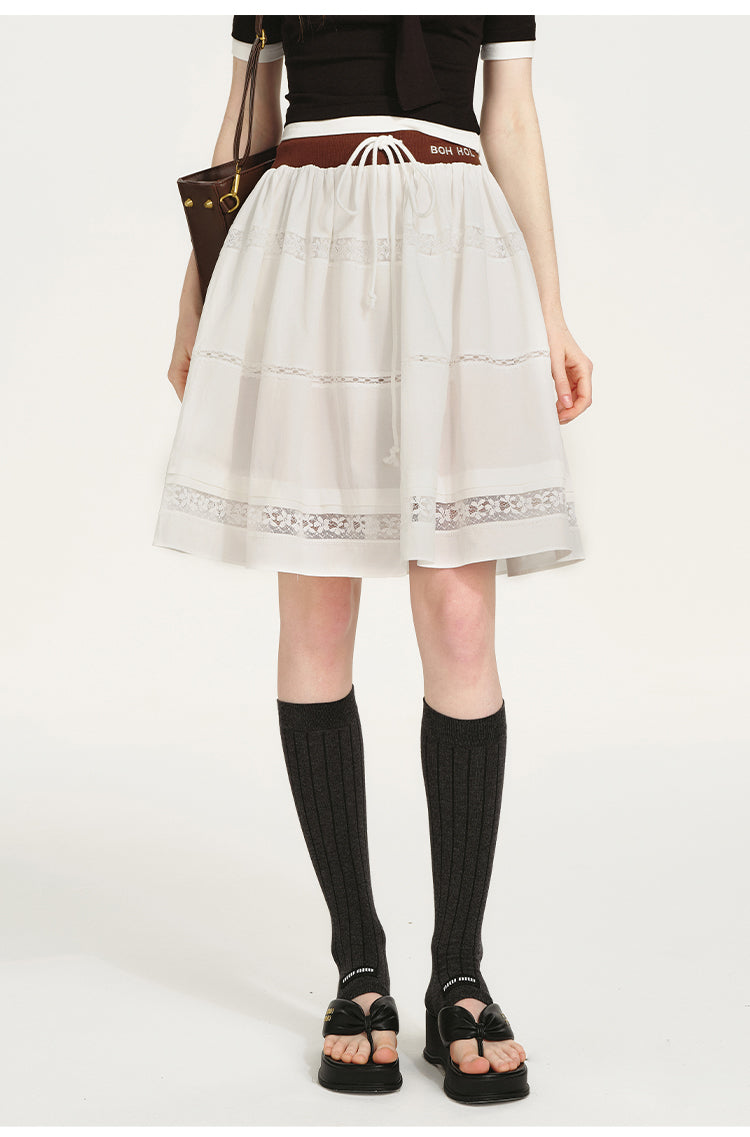 Lace-Panel Draped Skirt With Contrast Waistband