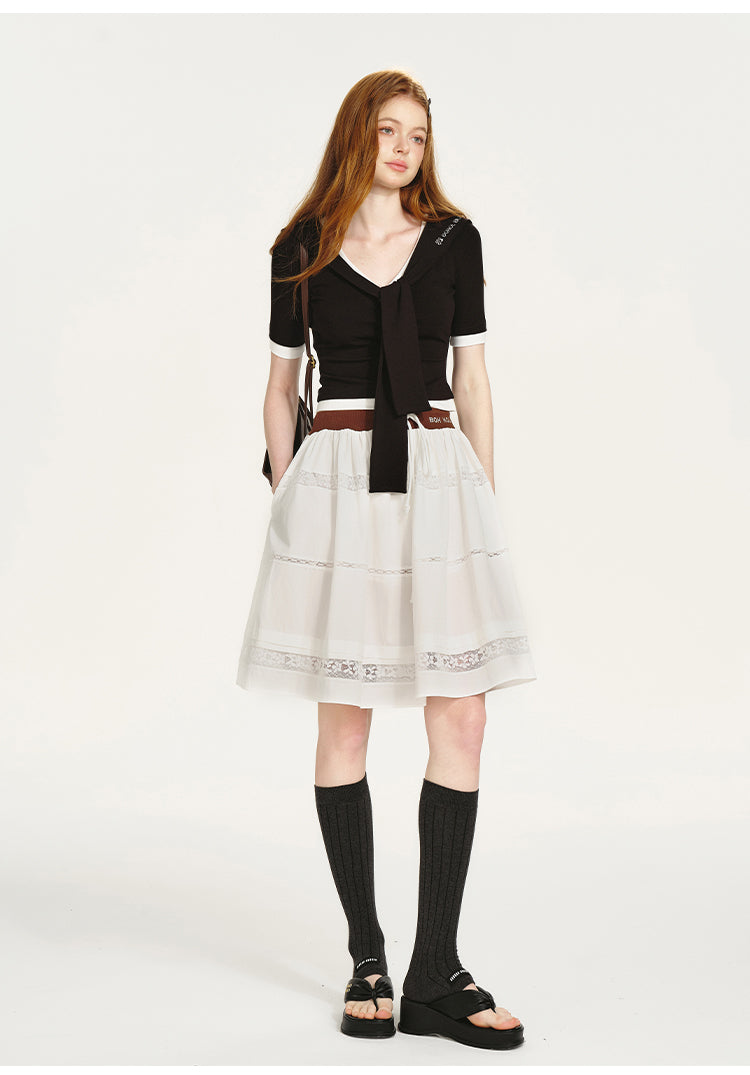Lace-Panel Draped Skirt With Contrast Waistband
