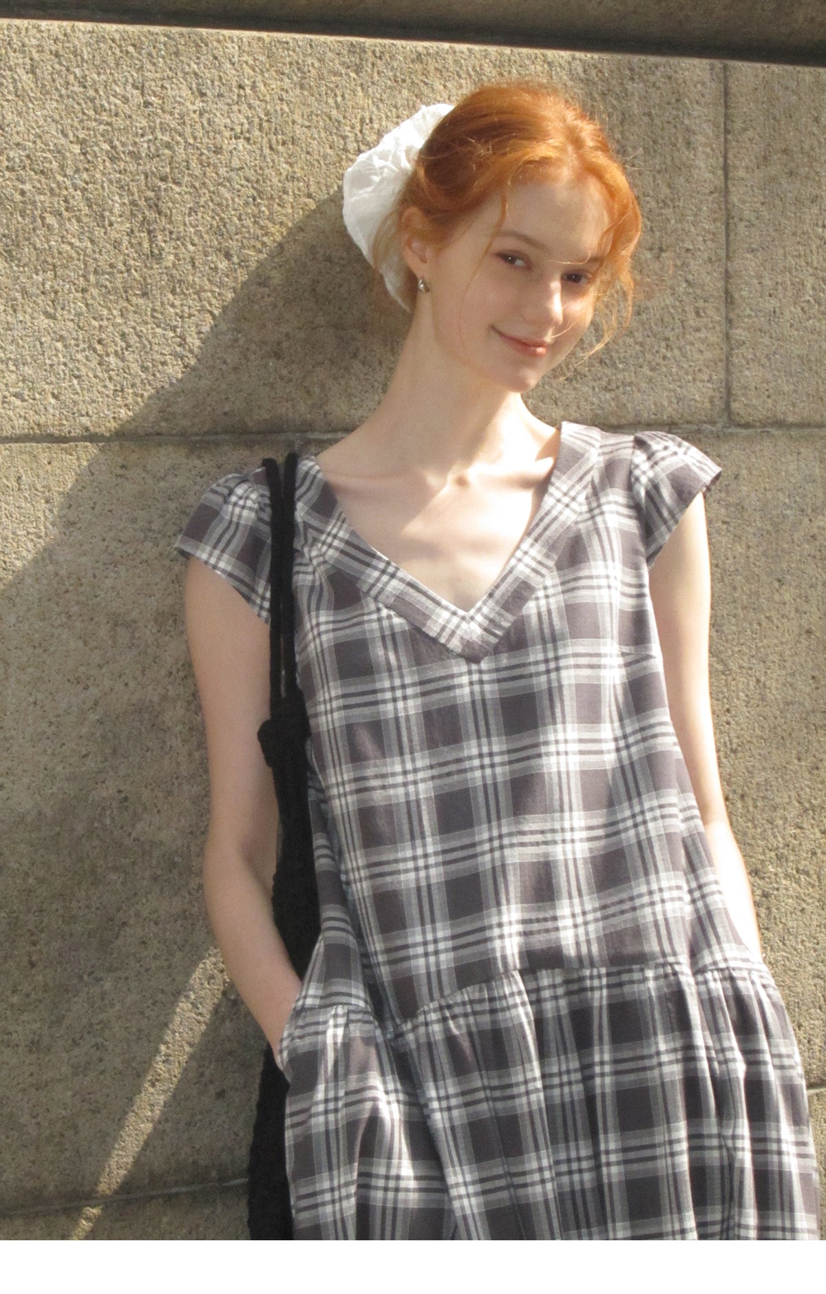 Relaxed Fit Grid Cotton Dress With Cap Sleeves