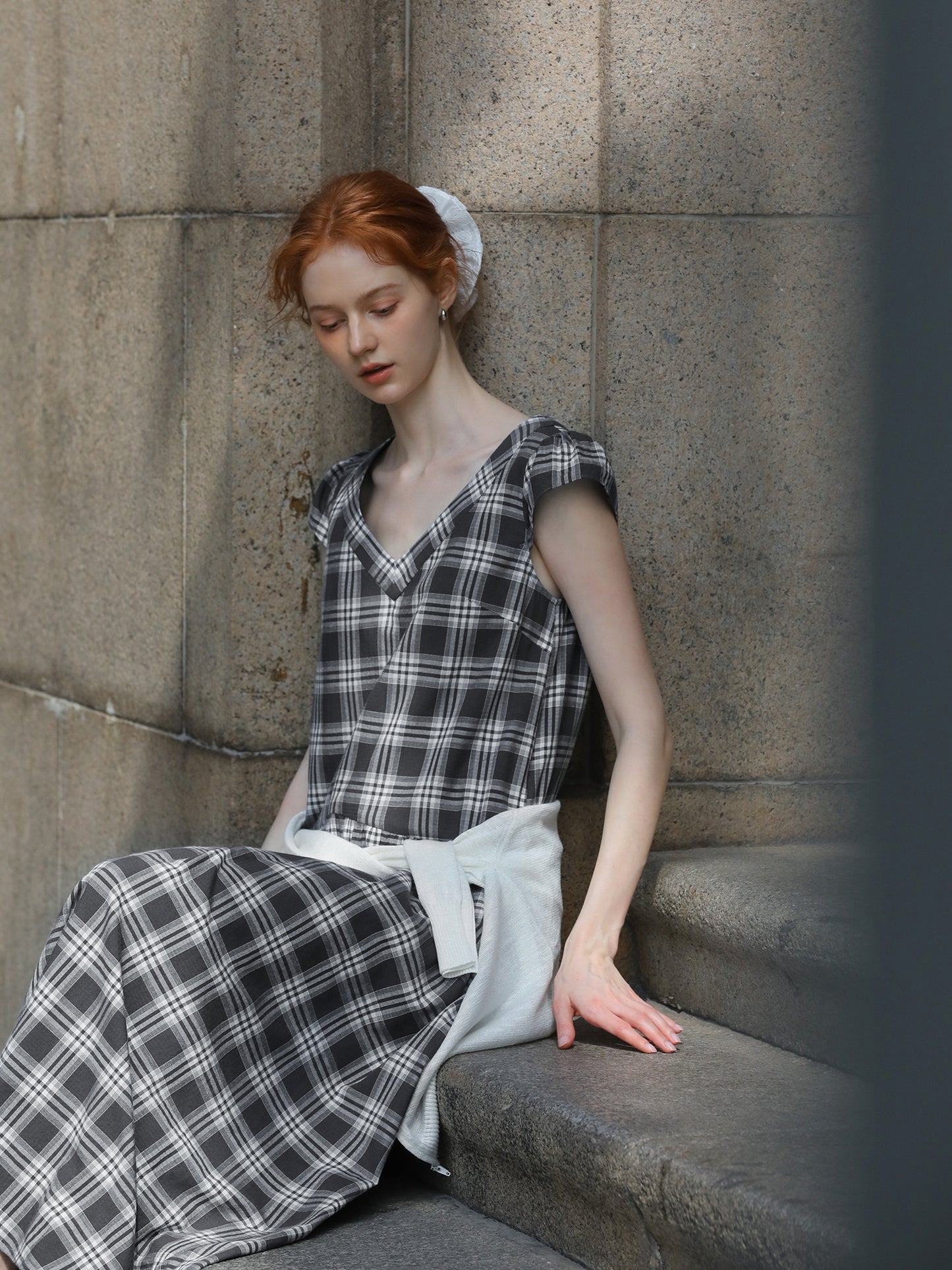 Relaxed Fit Grid Cotton Dress With Cap Sleeves