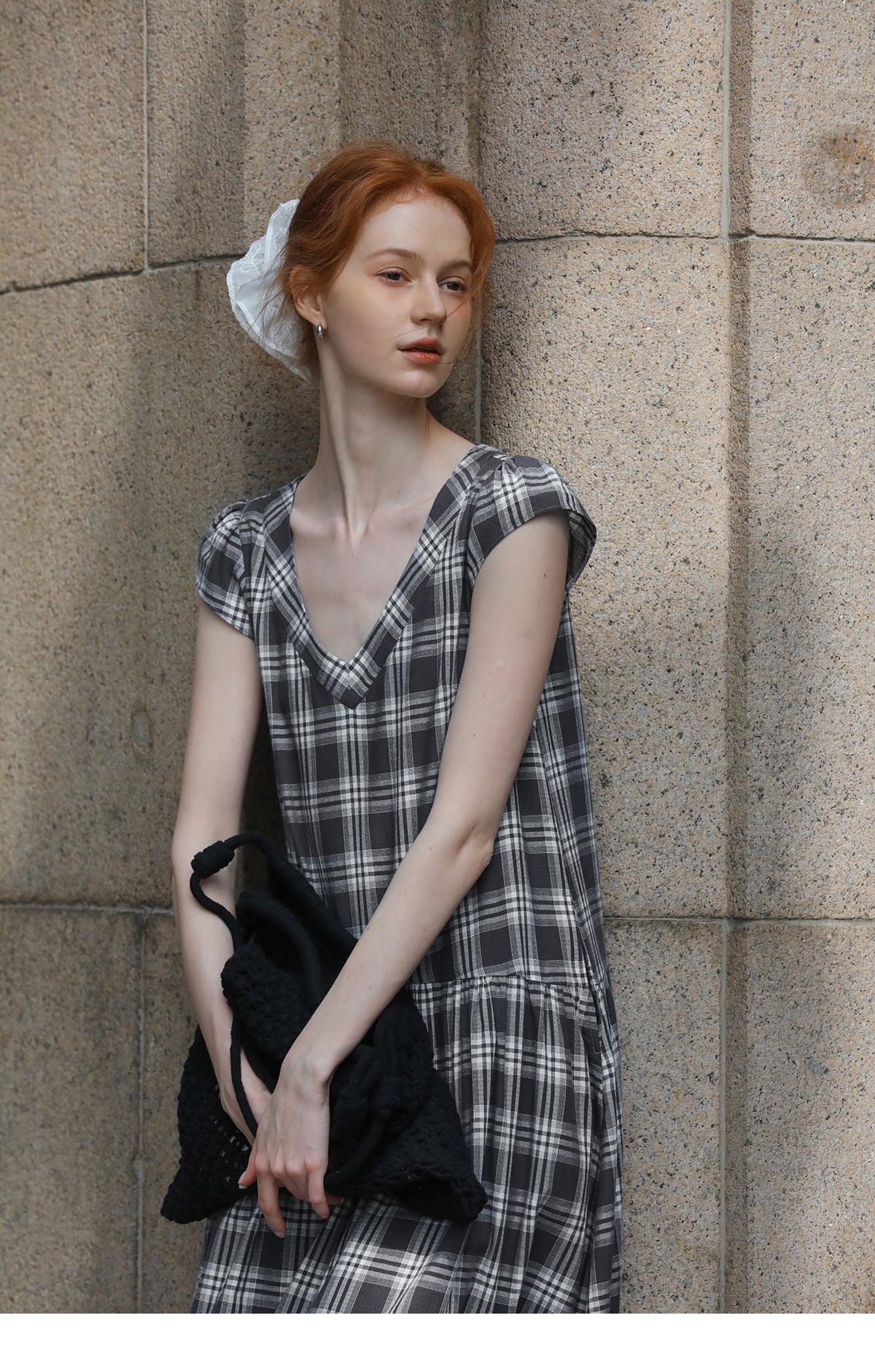 Relaxed Fit Grid Cotton Dress With Cap Sleeves