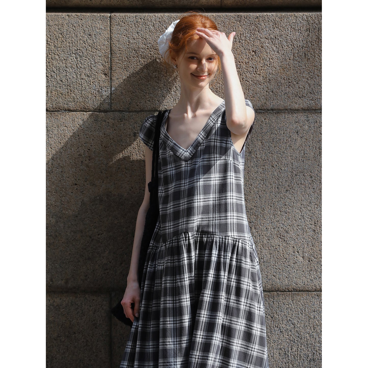Relaxed Fit Grid Cotton Dress With Cap Sleeves
