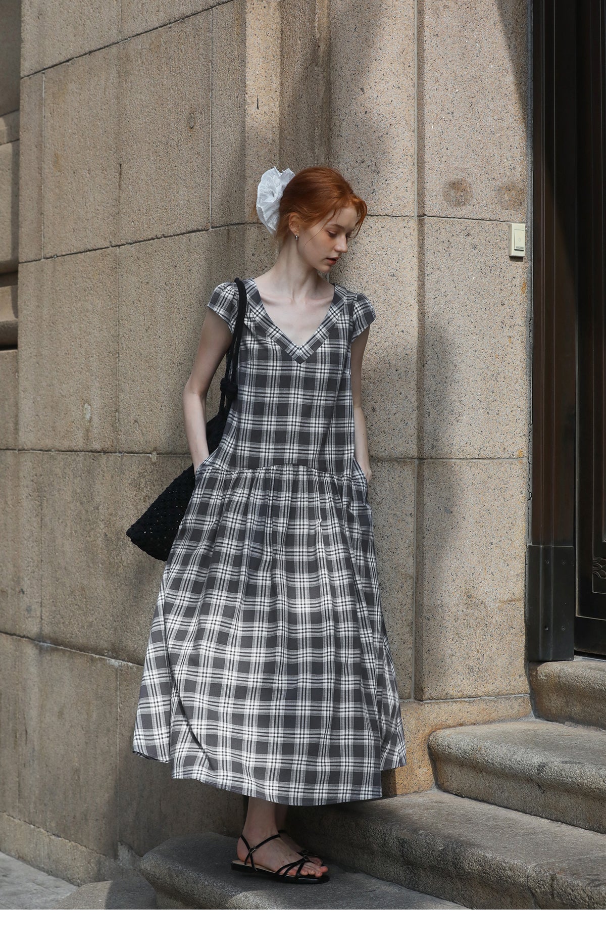 Relaxed Fit Grid Cotton Dress With Cap Sleeves