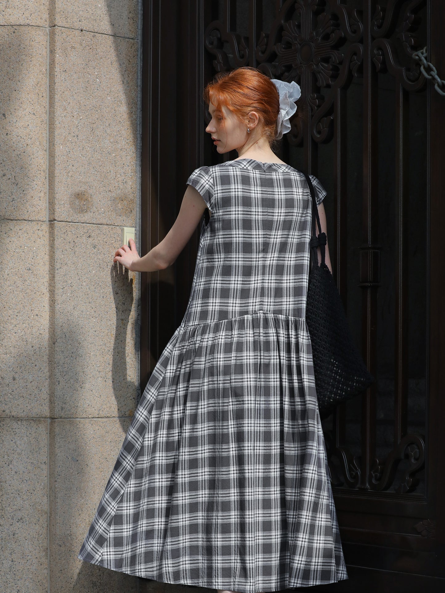 Relaxed Fit Grid Cotton Dress With Cap Sleeves