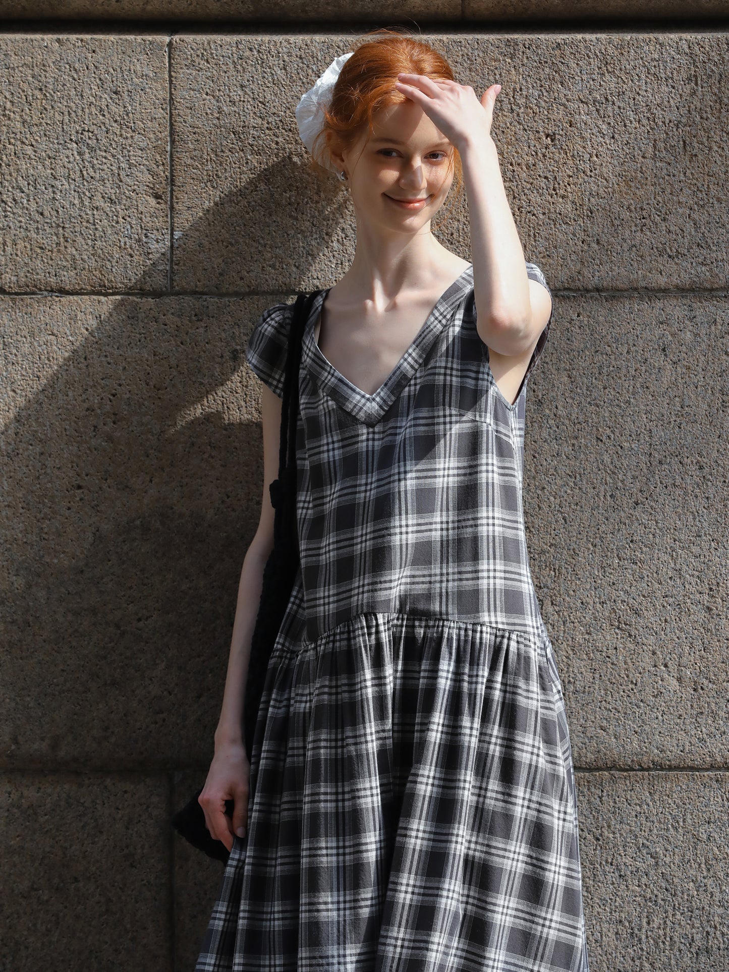 Relaxed Fit Grid Cotton Dress With Cap Sleeves