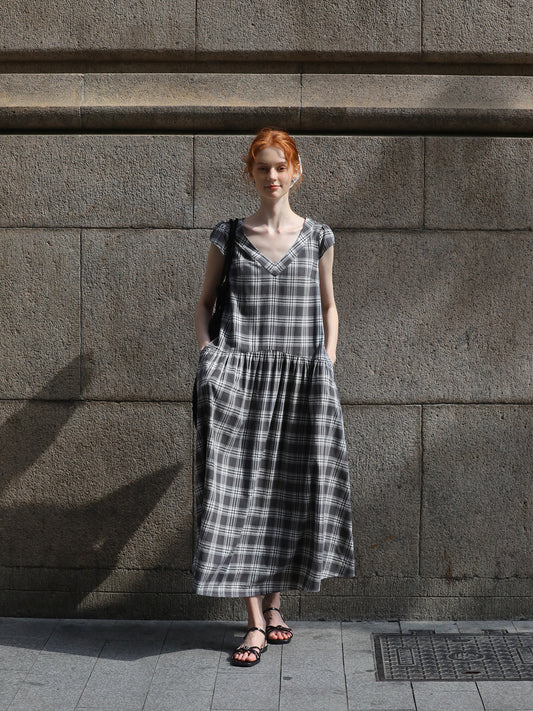 Relaxed Fit Grid Cotton Dress With Cap Sleeves