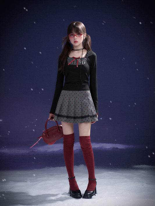 Flocked Velvet Heart Pleated Skirt With Inner Shorts