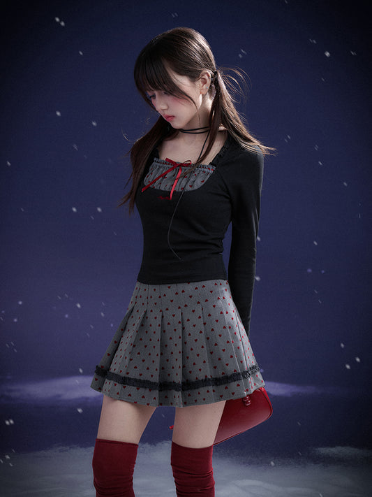 Flocked Velvet Heart Pleated Skirt With Inner Shorts